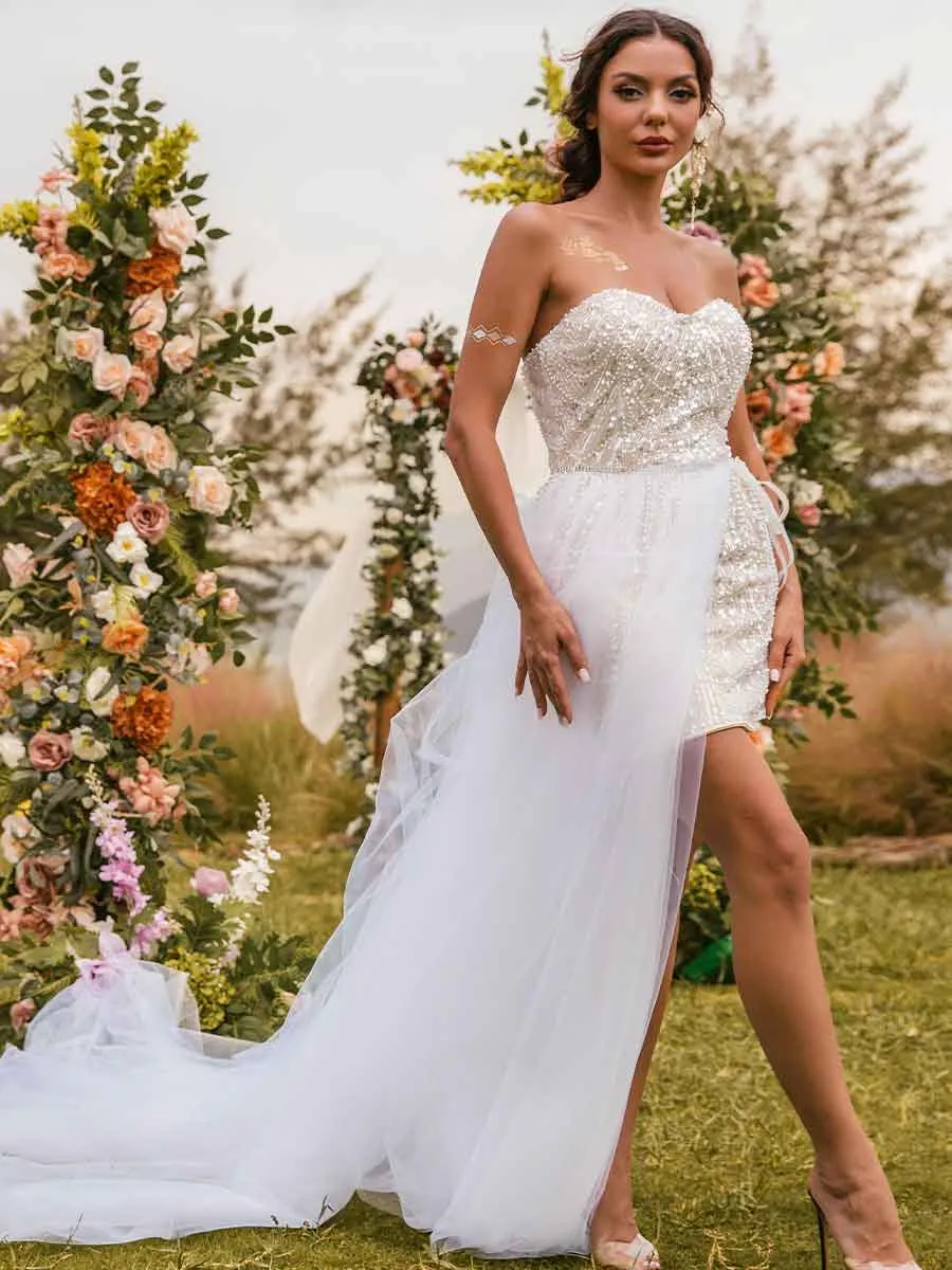2024 Short Wedding Dress With Detachable Skirt Glittering Gowns