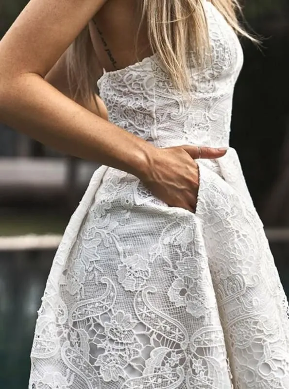 A-Line Spaghetti Straps High Low Red Lace Bridesmaid Dress