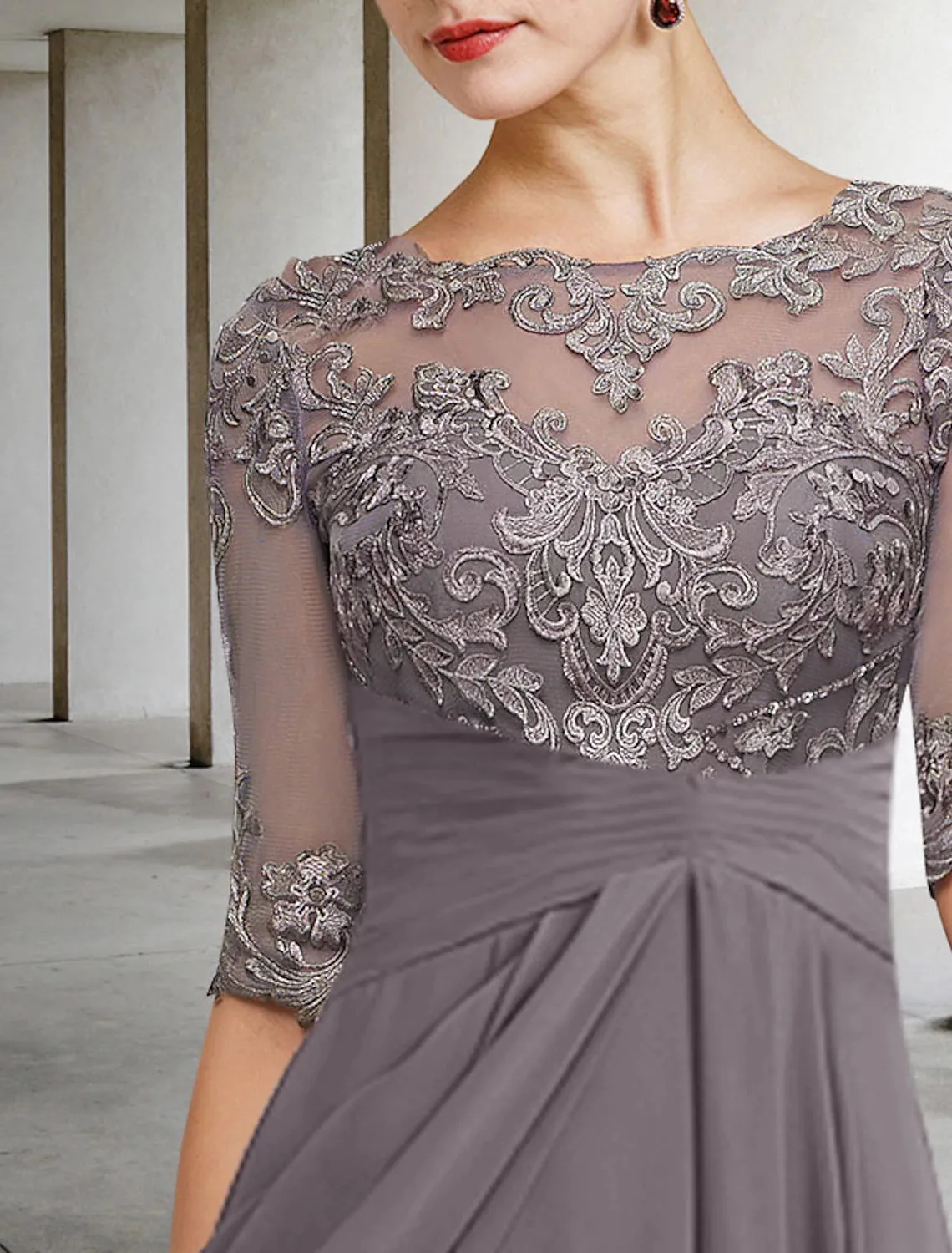 Aimishang  A-Line Mother of the Bride Dress Fall Wedding Guest Dresses Plus Size Elegant High Low V Neck Asymmetrical Ankle Length Chiffon Lace Half Sleeve with Beading Appliques