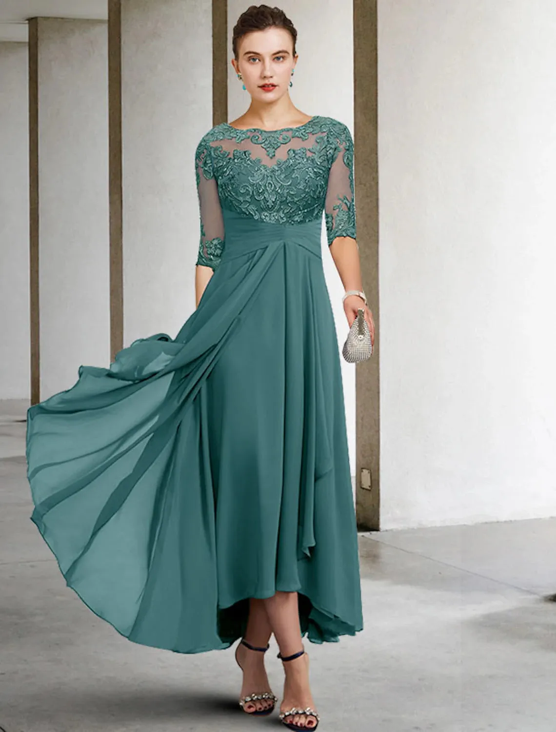 Aimishang  A-Line Mother of the Bride Dress Fall Wedding Guest Dresses Plus Size Elegant High Low V Neck Asymmetrical Ankle Length Chiffon Lace Half Sleeve with Beading Appliques