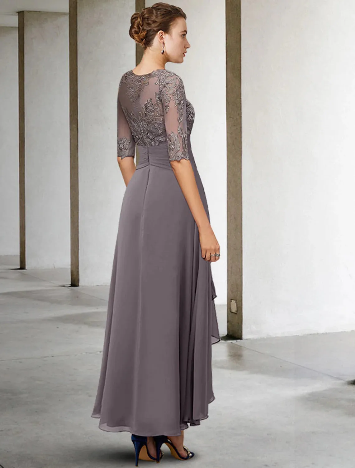 Aimishang  A-Line Mother of the Bride Dress Fall Wedding Guest Dresses Plus Size Elegant High Low V Neck Asymmetrical Ankle Length Chiffon Lace Half Sleeve with Beading Appliques