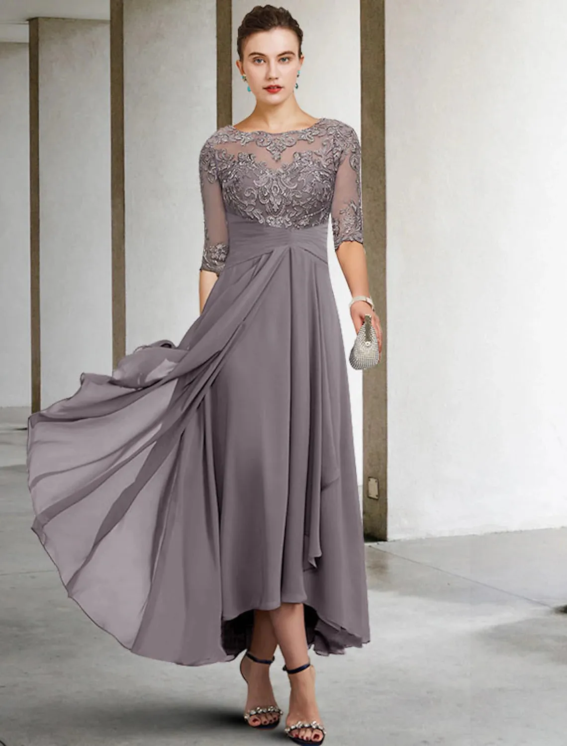 Aimishang  A-Line Mother of the Bride Dress Fall Wedding Guest Dresses Plus Size Elegant High Low V Neck Asymmetrical Ankle Length Chiffon Lace Half Sleeve with Beading Appliques