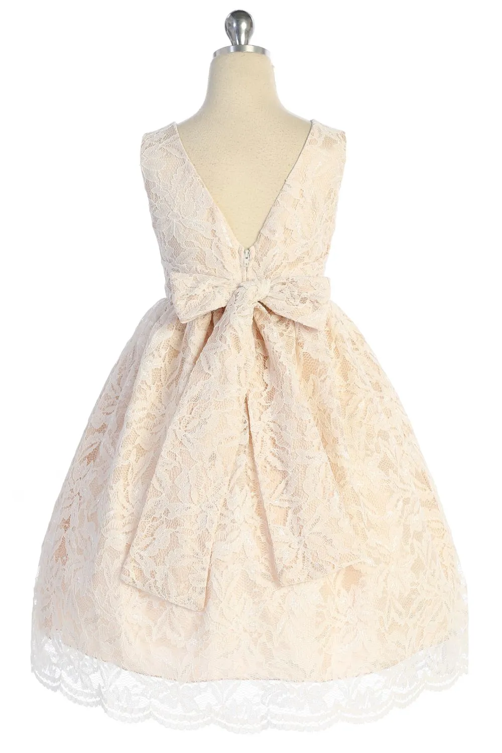 All Lace Girls Plus Size Dress with V Back & Bow
