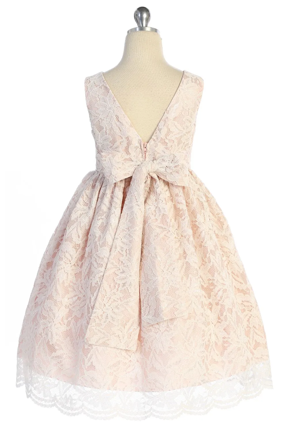 All Lace Girls Plus Size Dress with V Back & Bow