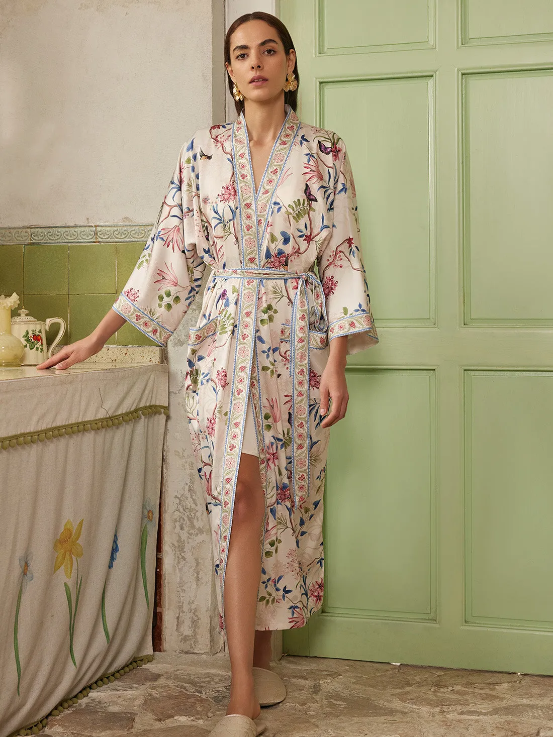 Beige Chinoiserie Floral Long Kimono Robe