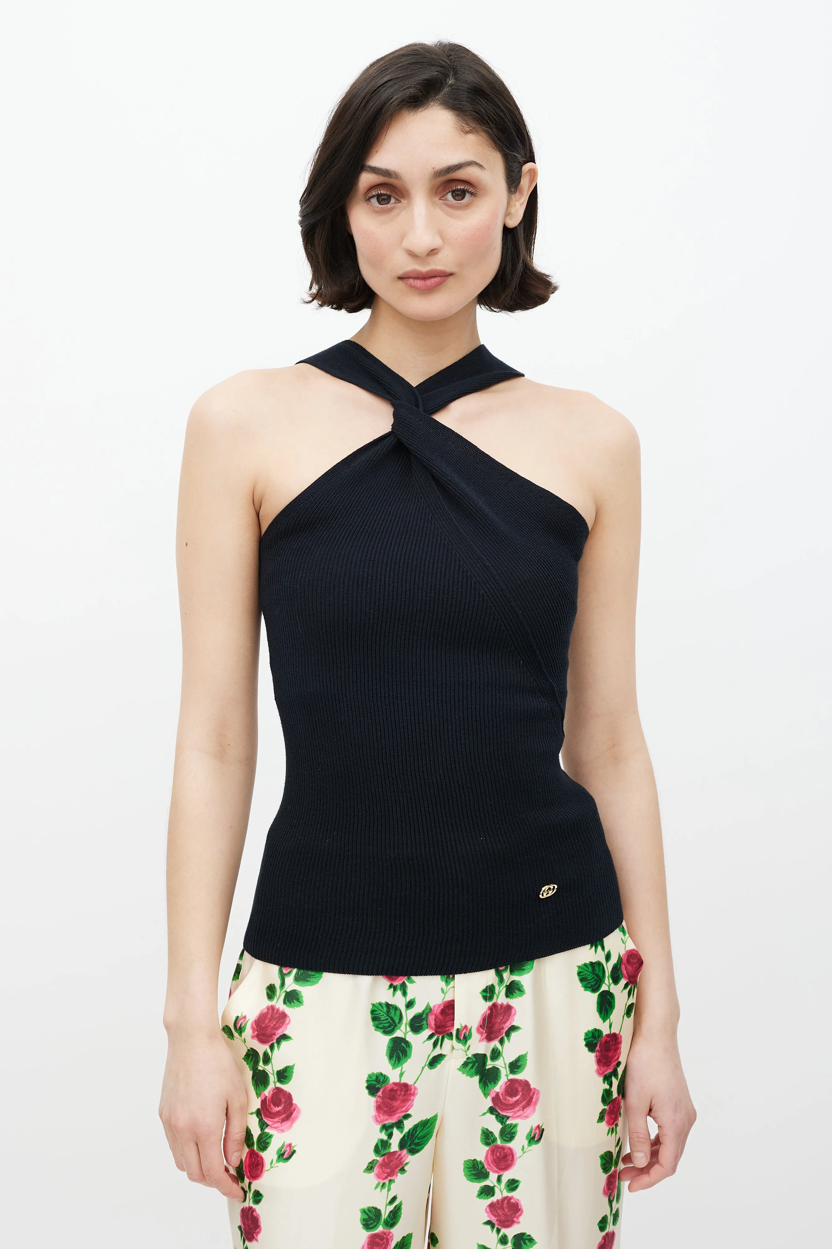 Black Ribbed Twist Front Tank Top