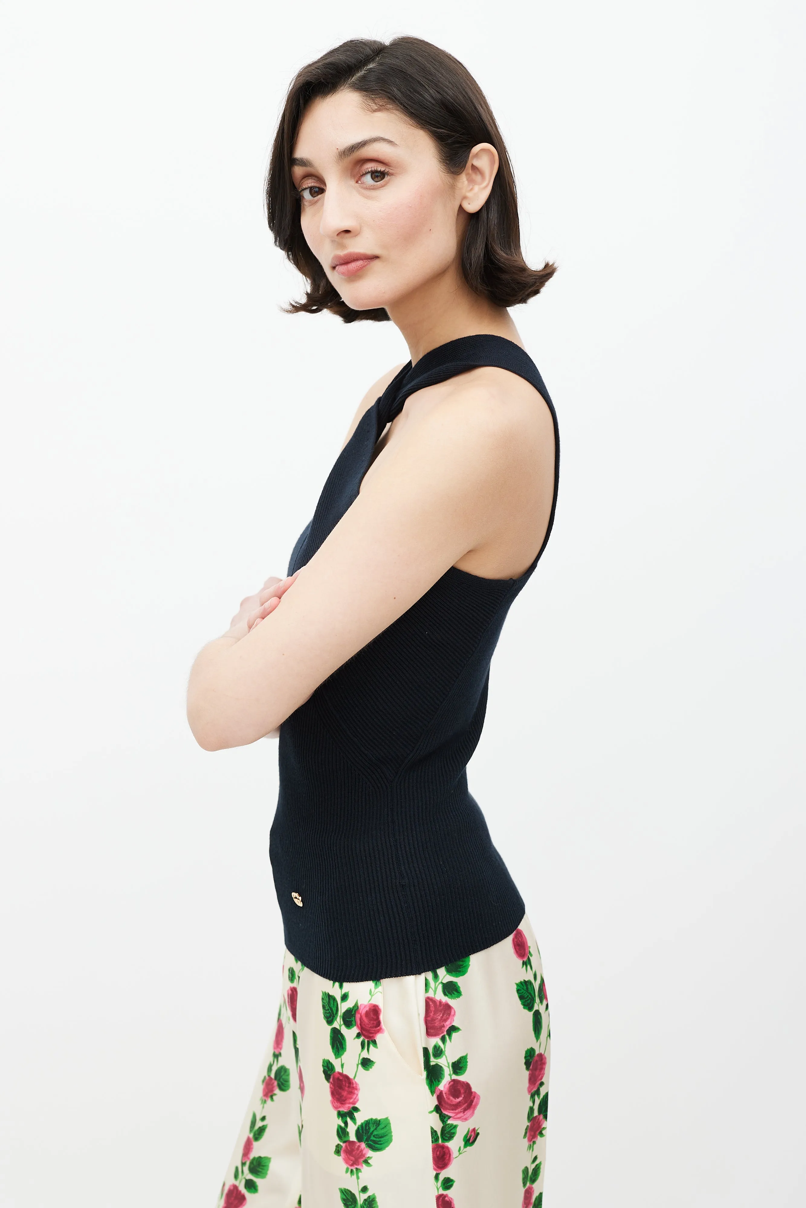 Black Ribbed Twist Front Tank Top