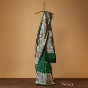 Bottle Green Woven Saree In Pure Katan Silk With Paithani Border Pallu And Unstitched Blouse