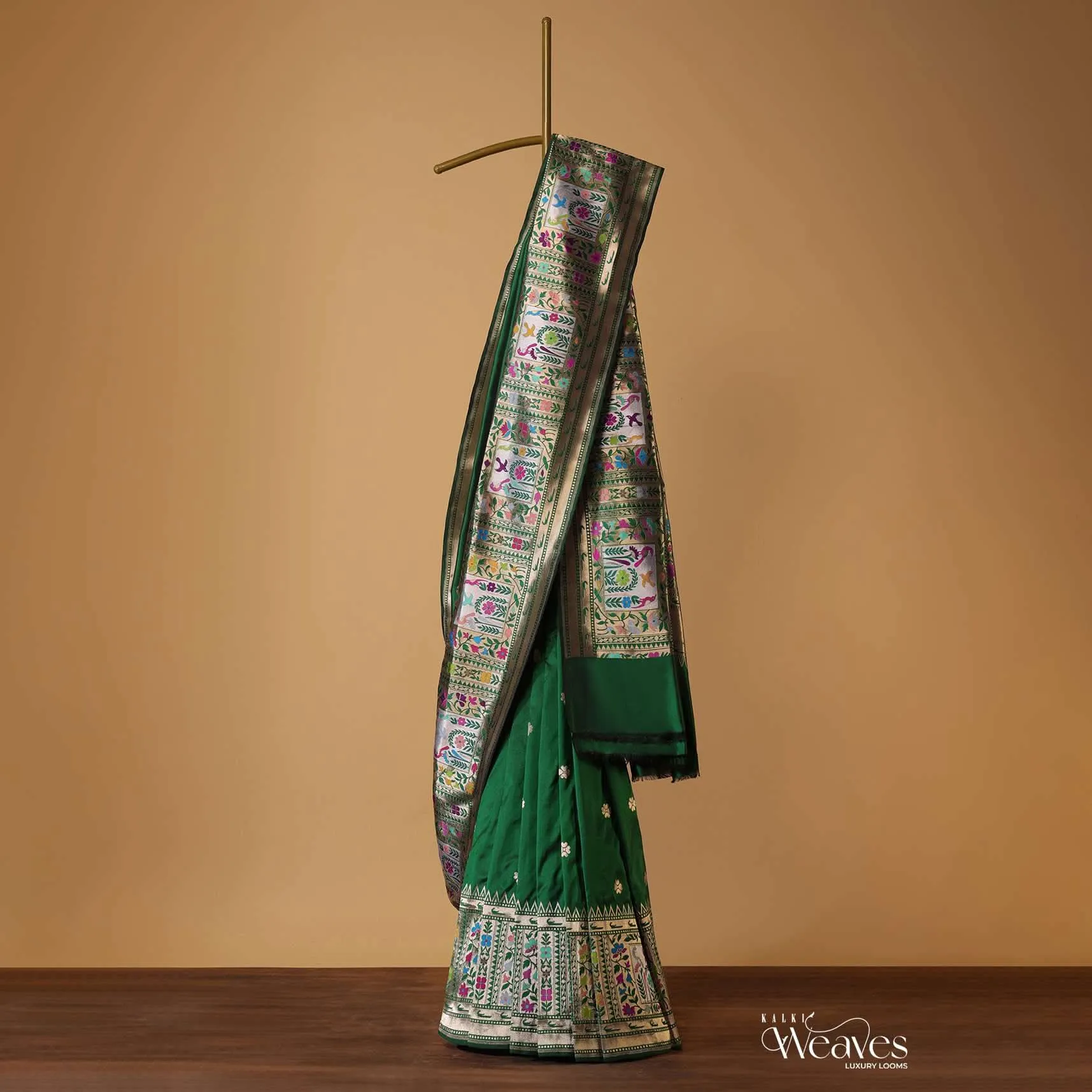 Bottle Green Woven Saree In Pure Katan Silk With Paithani Border Pallu And Unstitched Blouse