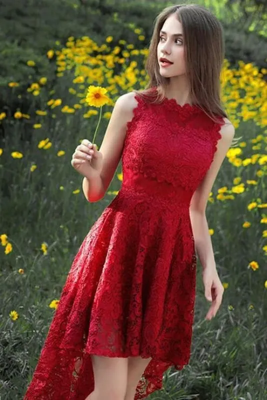 Burgundy High Low Lace Homecoming Dress Charming Hi-lo Graduation Dresses