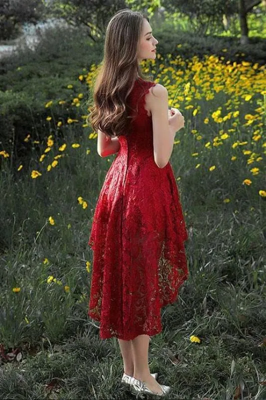 Burgundy High Low Lace Homecoming Dress Charming Hi-lo Graduation Dresses