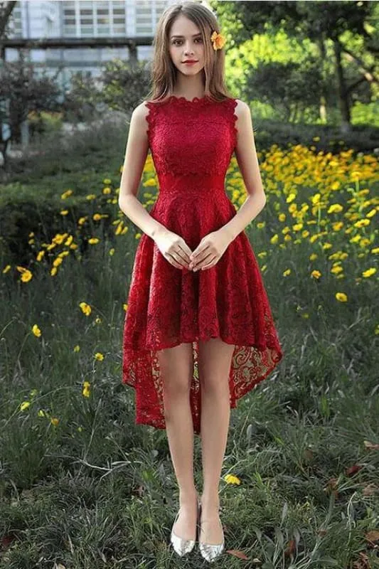Burgundy High Low Lace Homecoming Dress Charming Hi-lo Graduation Dresses