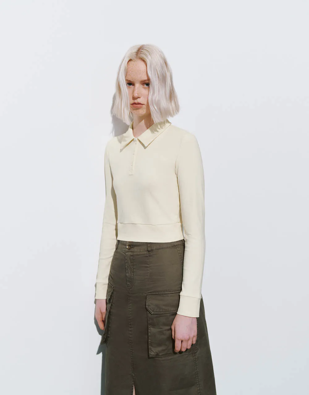 Button Half Placket Cropped Knitted T-Shirt