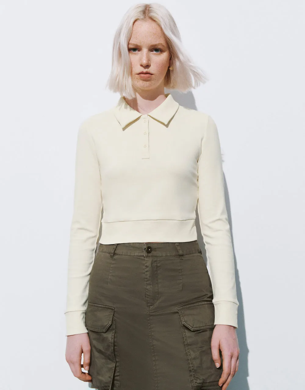 Button Half Placket Cropped Knitted T-Shirt