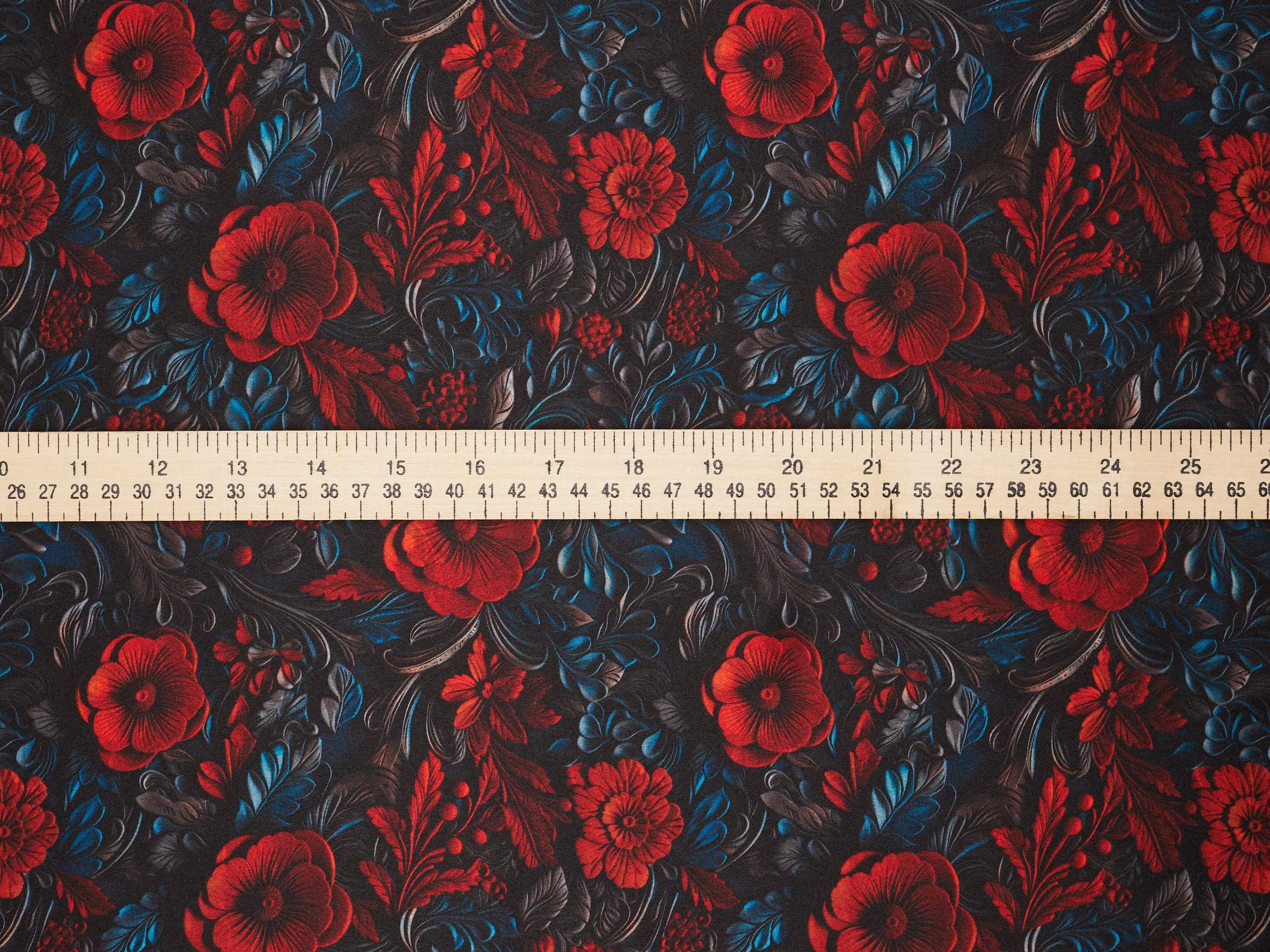 Charmeuse Satin  fabric by the yard -    Red and black  floral   print