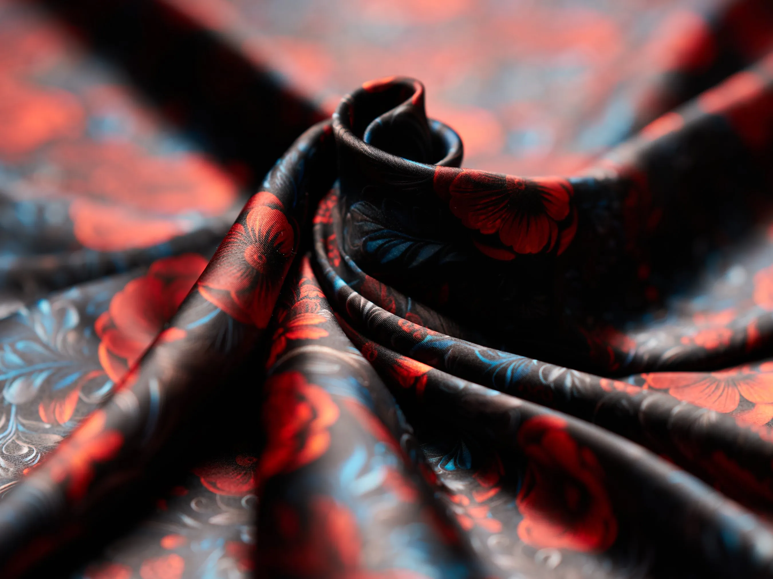 Charmeuse Satin  fabric by the yard -    Red and black  floral   print
