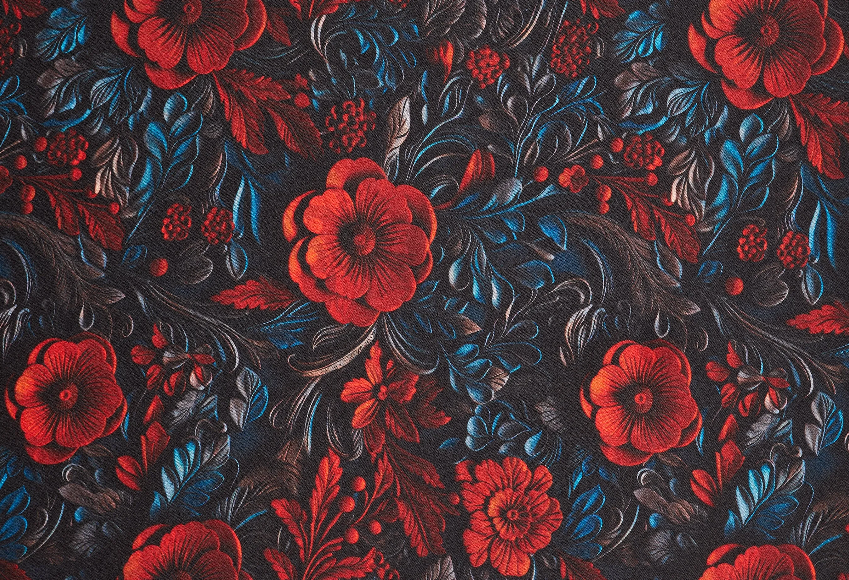 Charmeuse Satin  fabric by the yard -    Red and black  floral   print