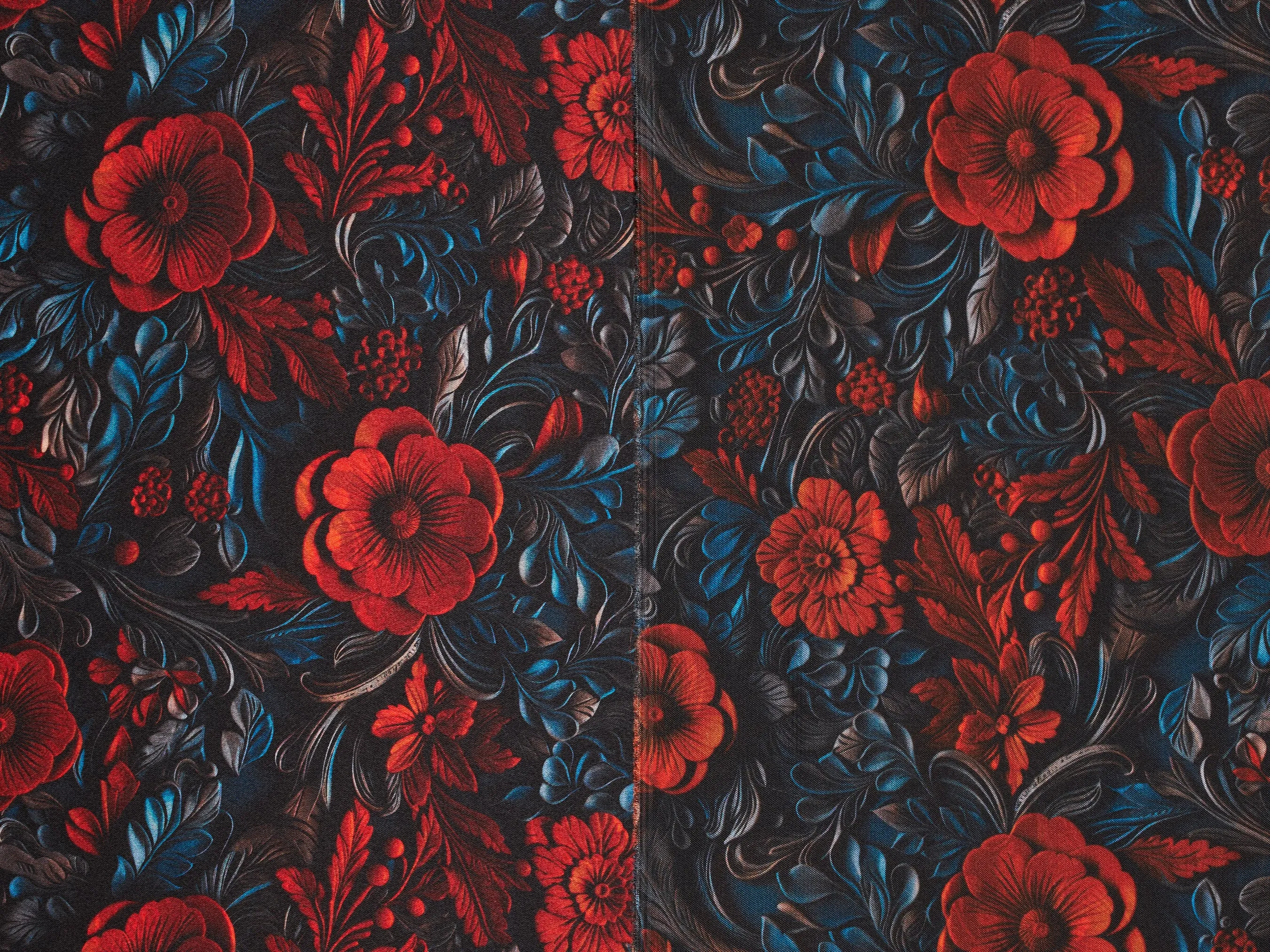Charmeuse Satin  fabric by the yard -    Red and black  floral   print