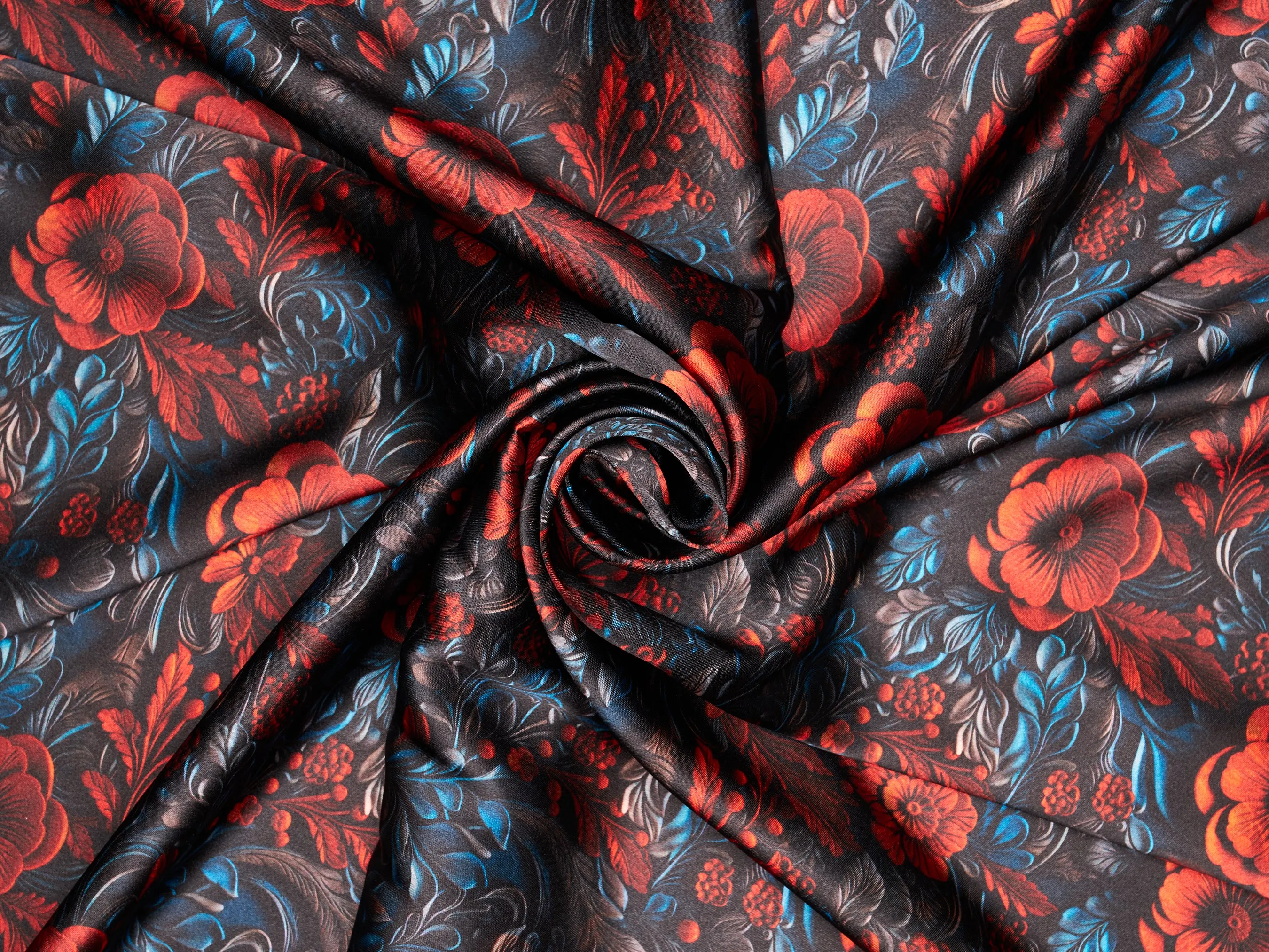 Charmeuse Satin  fabric by the yard -    Red and black  floral   print