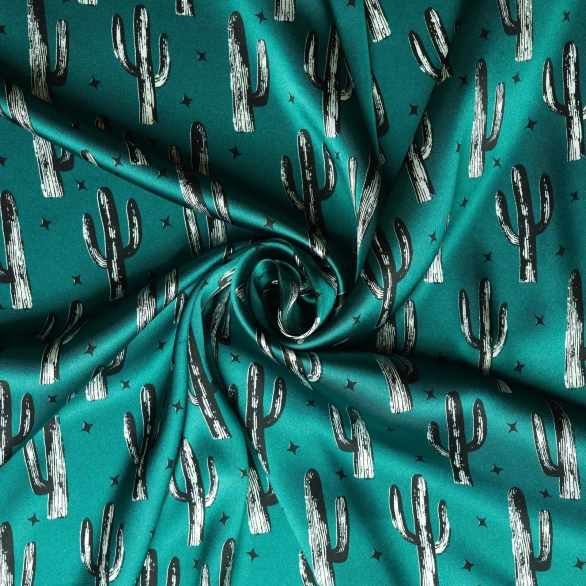 Charmeuse Satin print fabric by the yard - Cactus and dainty stars - western print