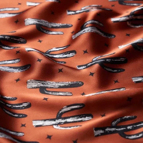 Charmeuse Satin print fabric by the yard - Cactus and dainty stars - western print