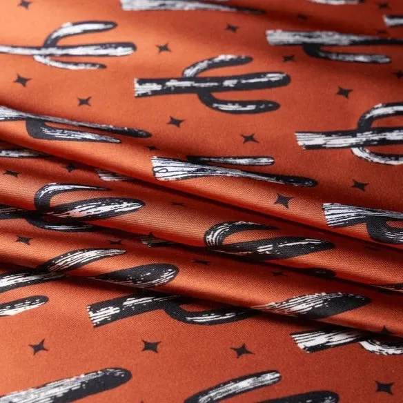 Charmeuse Satin print fabric by the yard - Cactus and dainty stars - western print