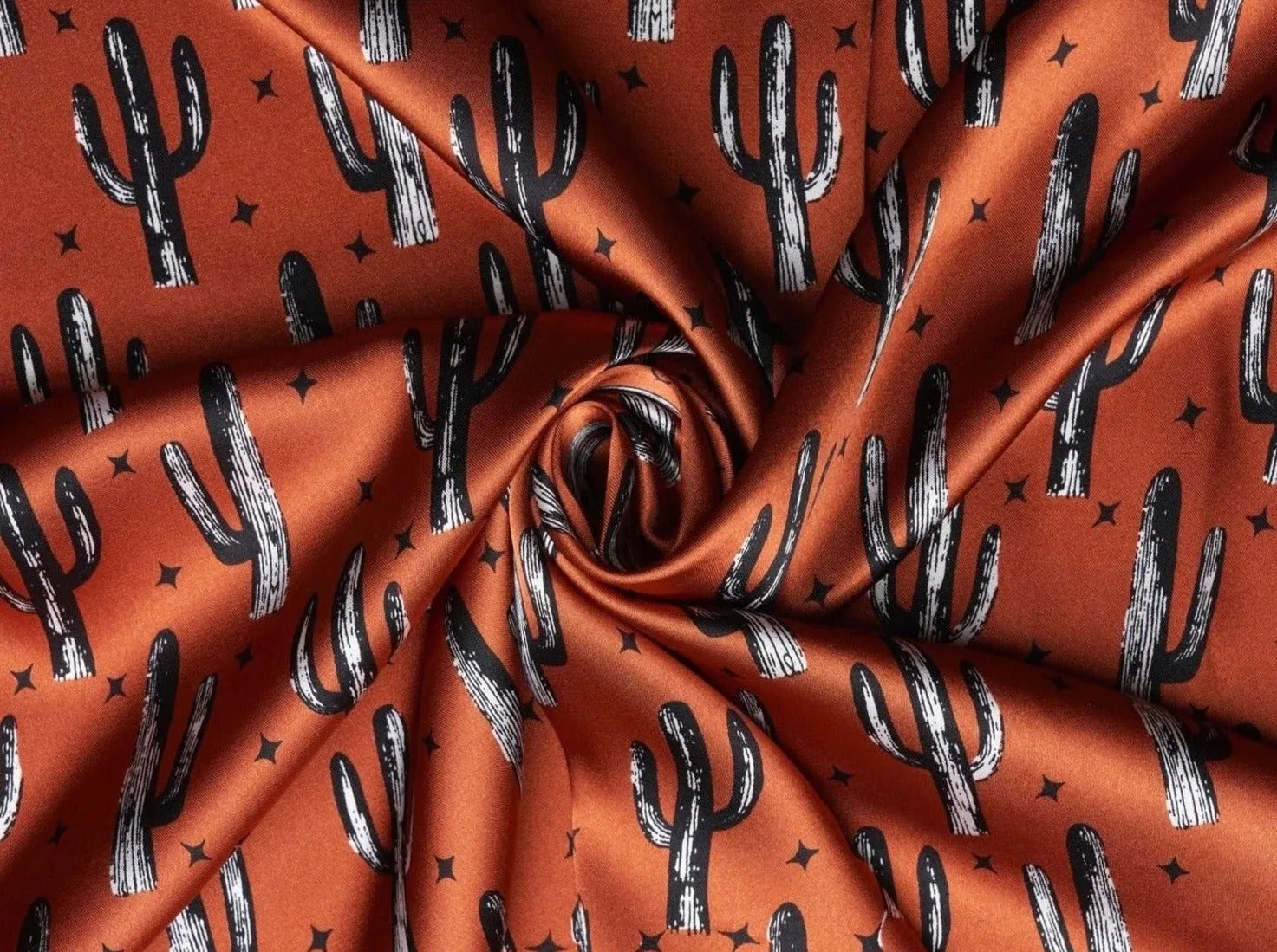Charmeuse Satin print fabric by the yard - Cactus and dainty stars - western print