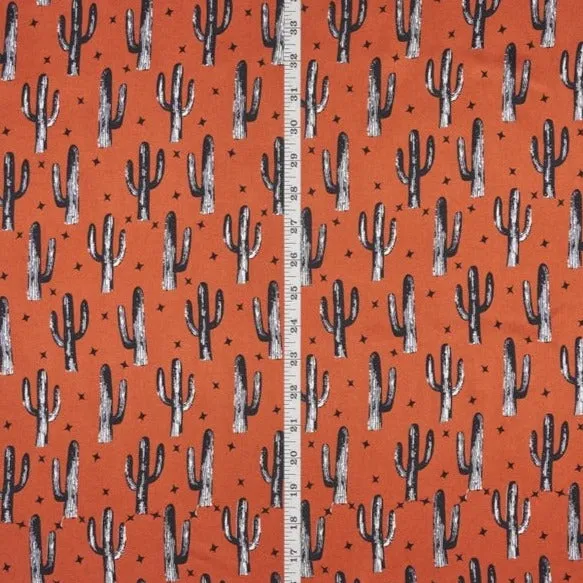 Charmeuse Satin print fabric by the yard - Cactus and dainty stars - western print