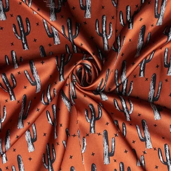 Charmeuse Satin print fabric by the yard - Cactus and dainty stars - western print