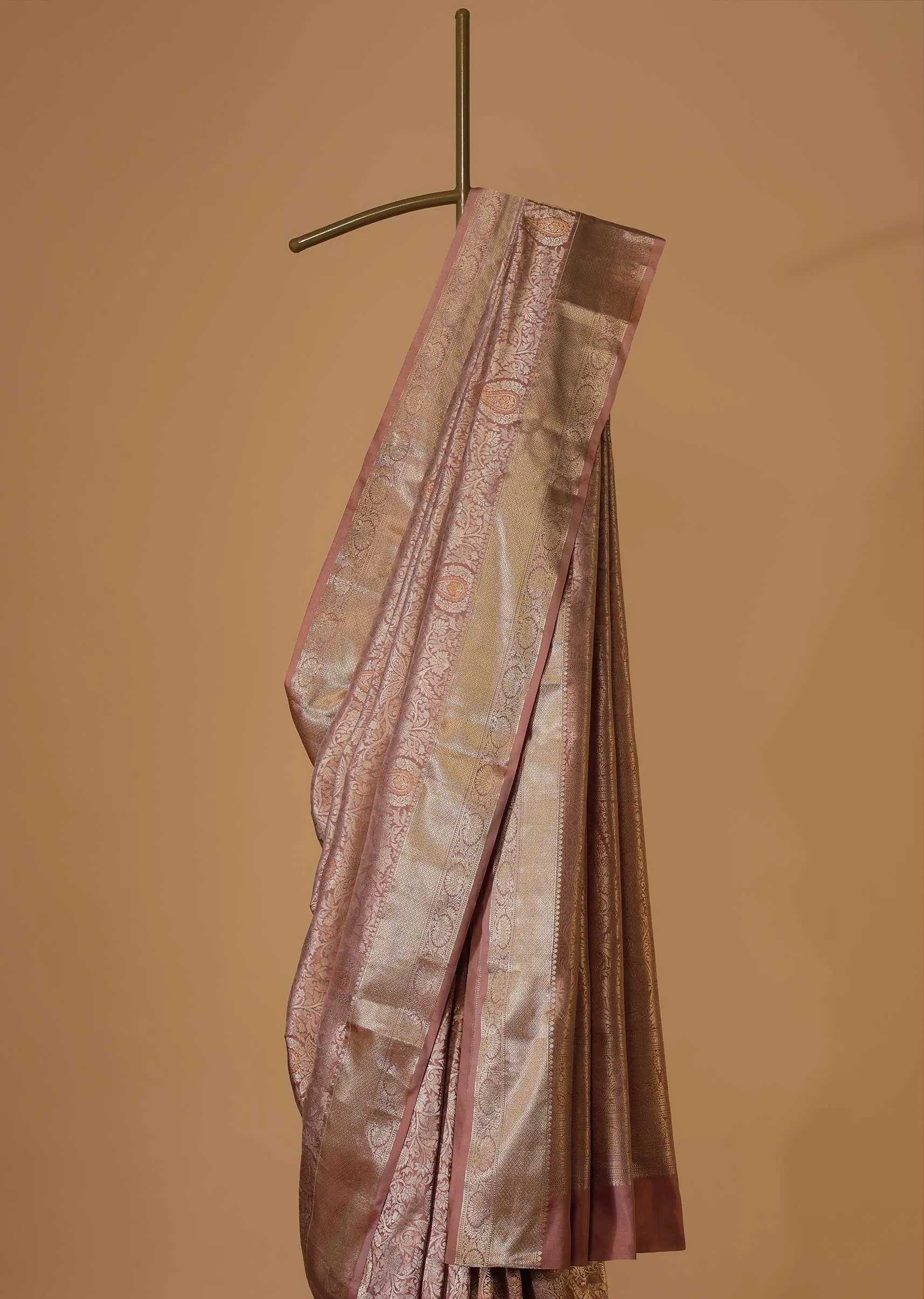 Dusty Pink Kanjivaram Saree In Pure Uppada Silk With Unstitched Blouse