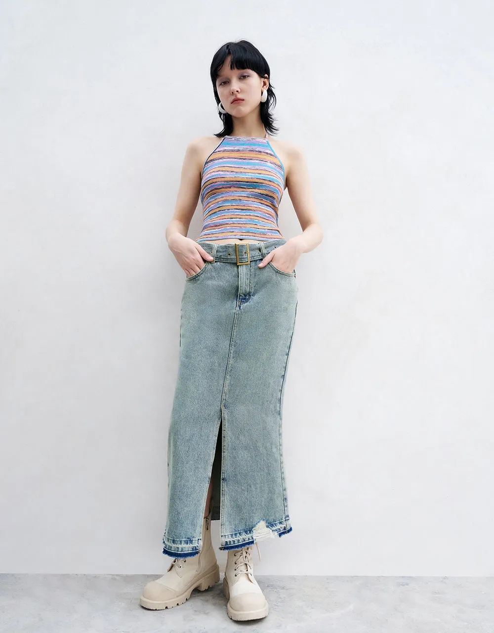 Halter Neck Striped Knitted Tank Top