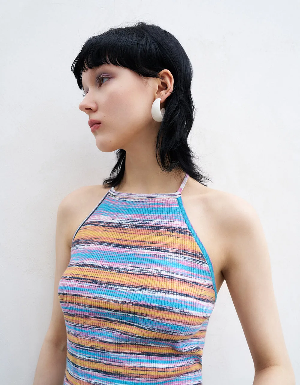 Halter Neck Striped Knitted Tank Top