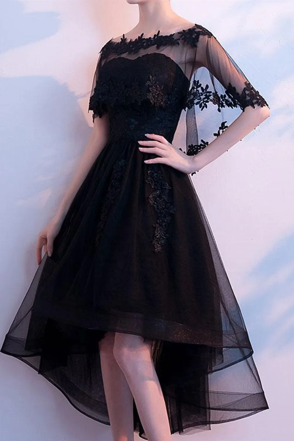 High Low Black Lace Short Prom Dresses, Short Black Lace Formal Evening Dresses, Black Homecoming Dresses