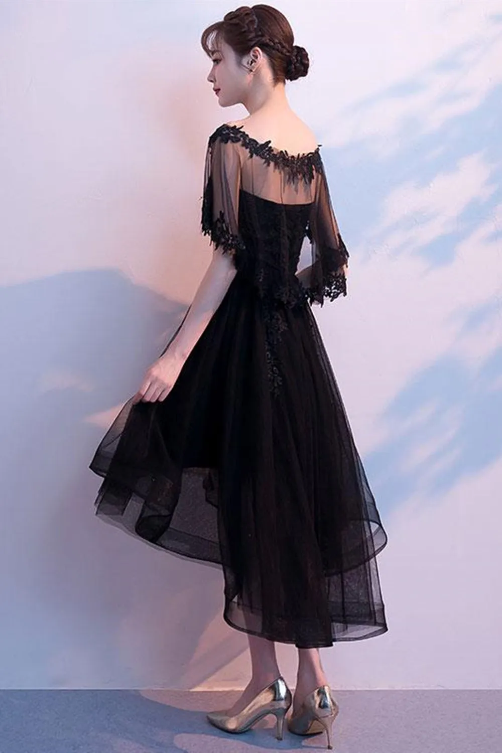 High Low Black Lace Short Prom Dresses, Short Black Lace Formal Evening Dresses, Black Homecoming Dresses