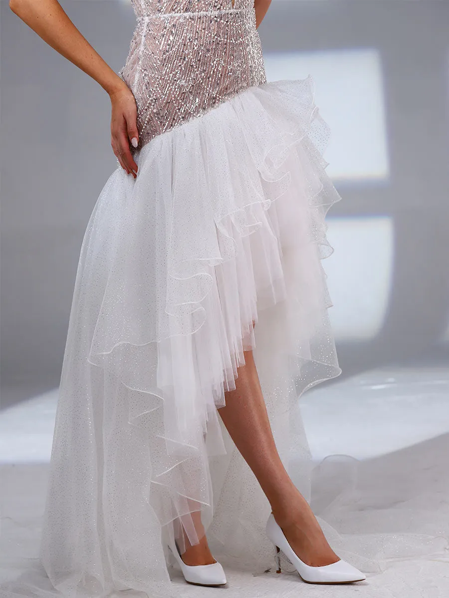 High Low Strapless Wedding Dress V neck Sequin Boho