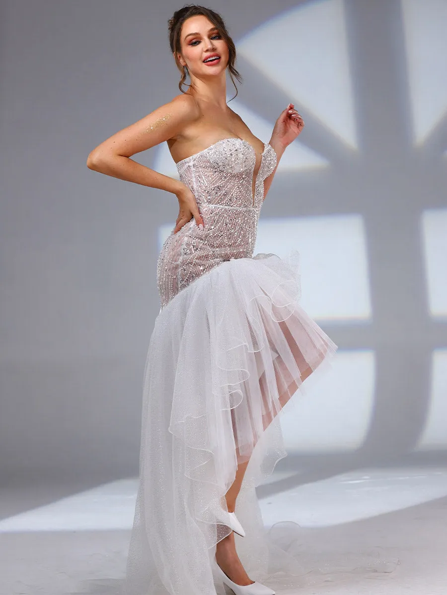 High Low Strapless Wedding Dress V neck Sequin Boho