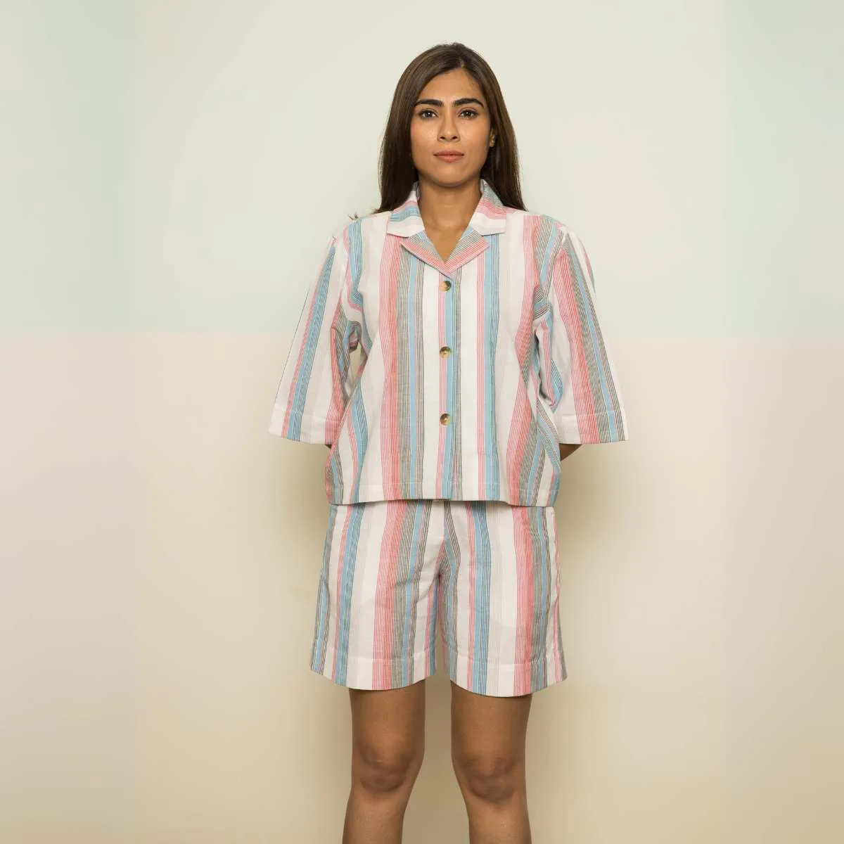 Holiday Women Co-ord Set | Stripes | Half Shirt W/ Shorts | Breathable Cotton