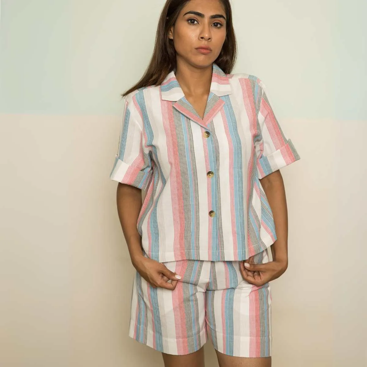 Holiday Women Co-ord Set | Stripes | Half Shirt W/ Shorts | Breathable Cotton