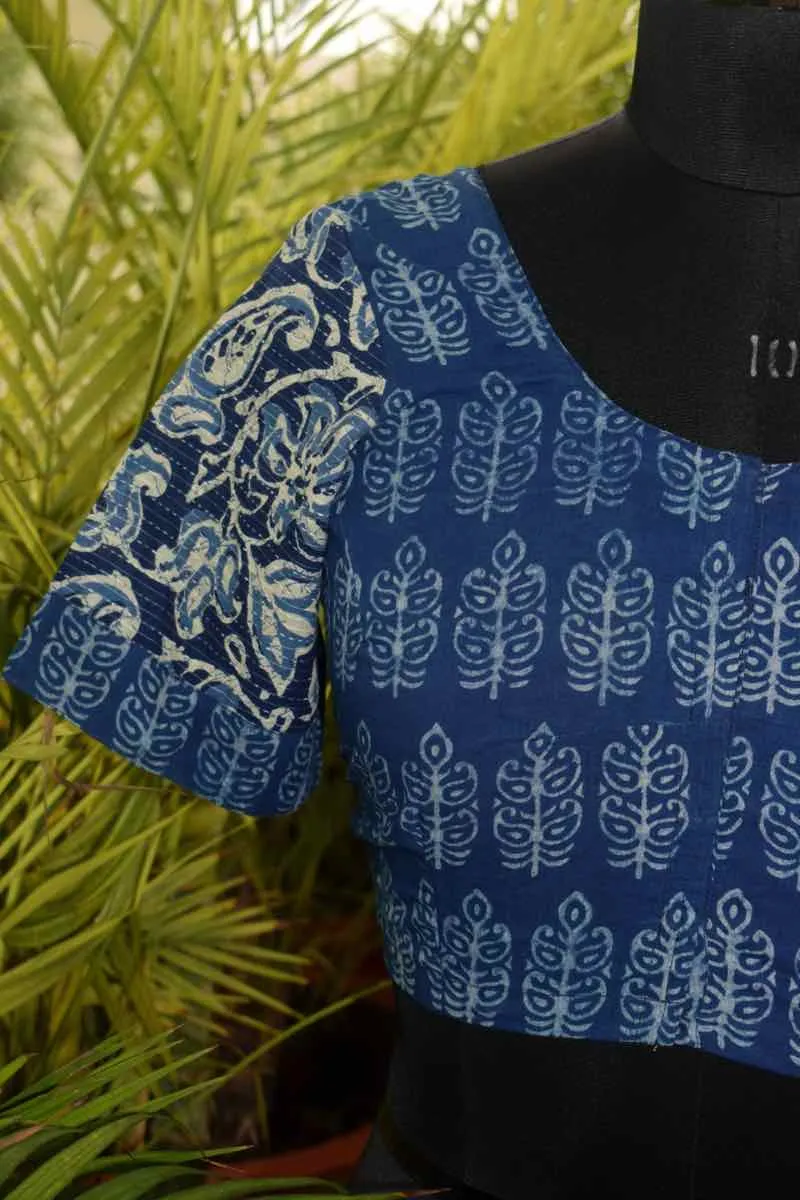 Indigo Block Print Upcycled Blouse