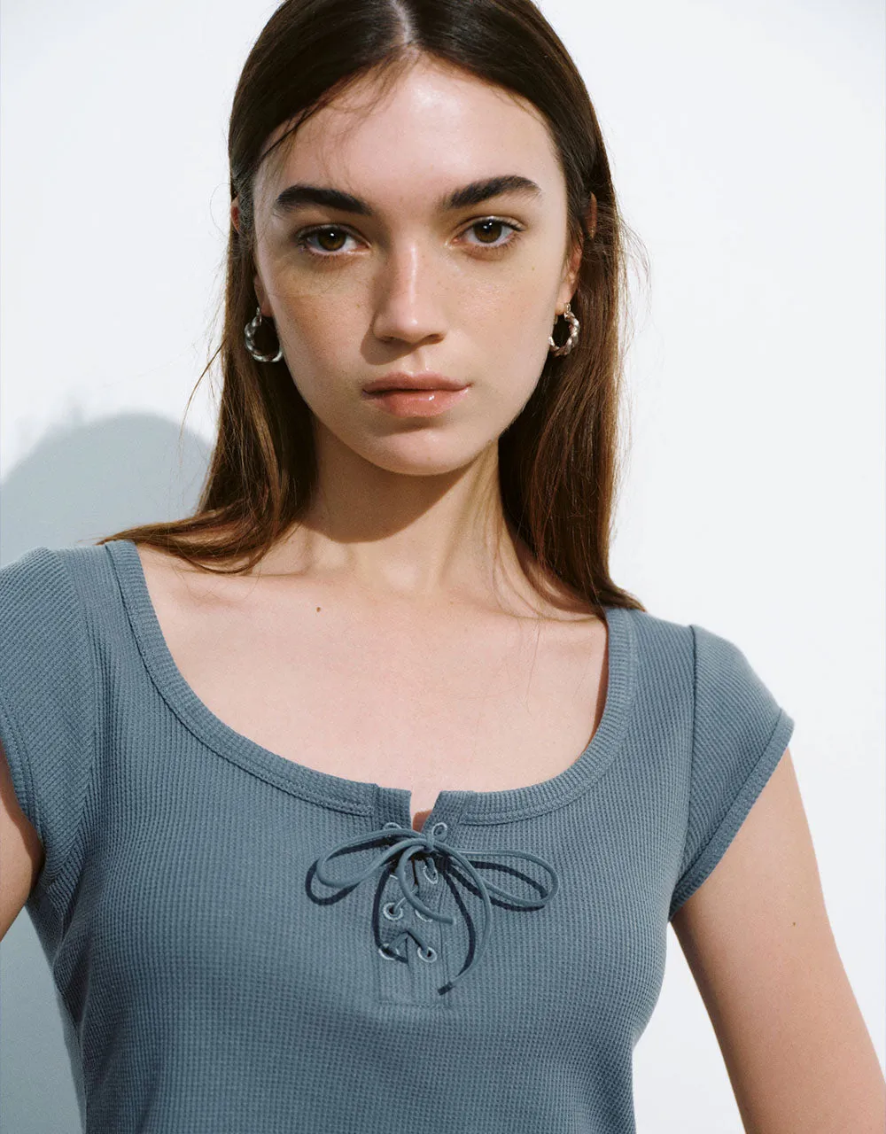 Lace Up Crew Neck Knitted Tank Top
