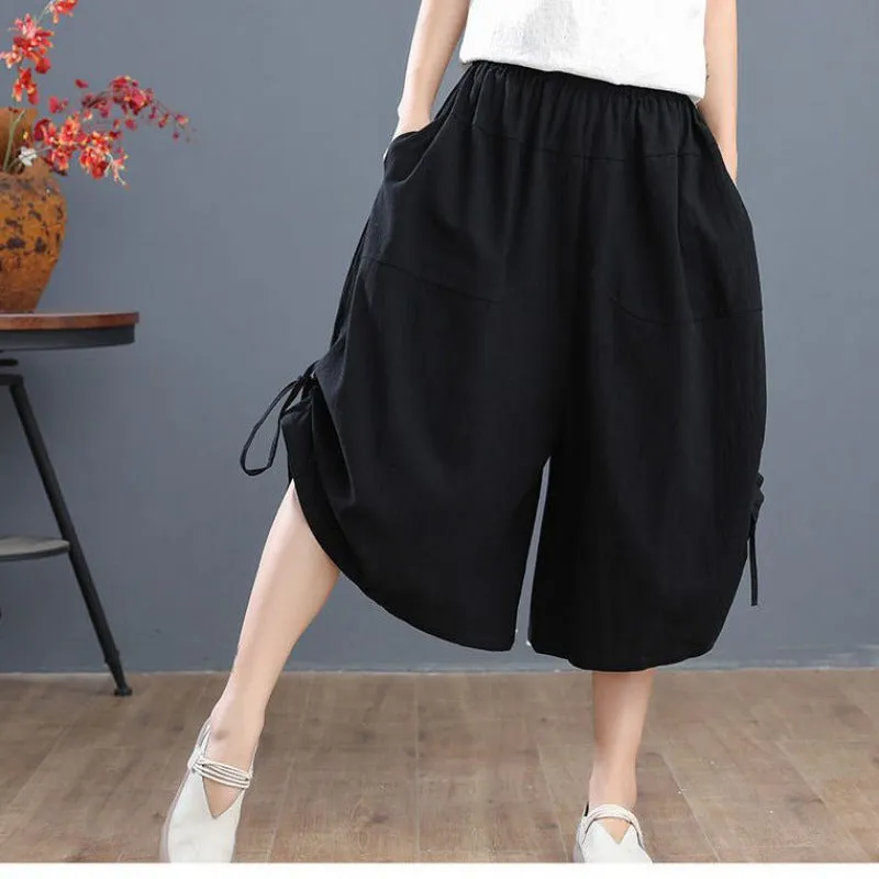 Luexco Women's Elastic Waist Wide-leg Capri Pants