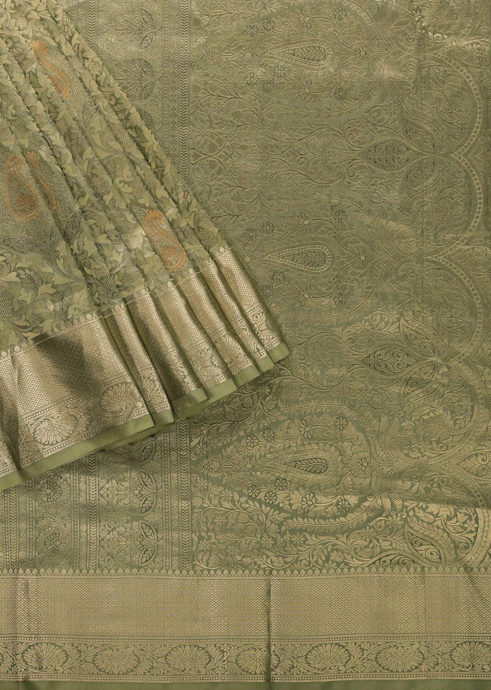 Moss Green Kanjivaram Saree In Pure Uppada Silk With Weave And An Unstitched Blouse