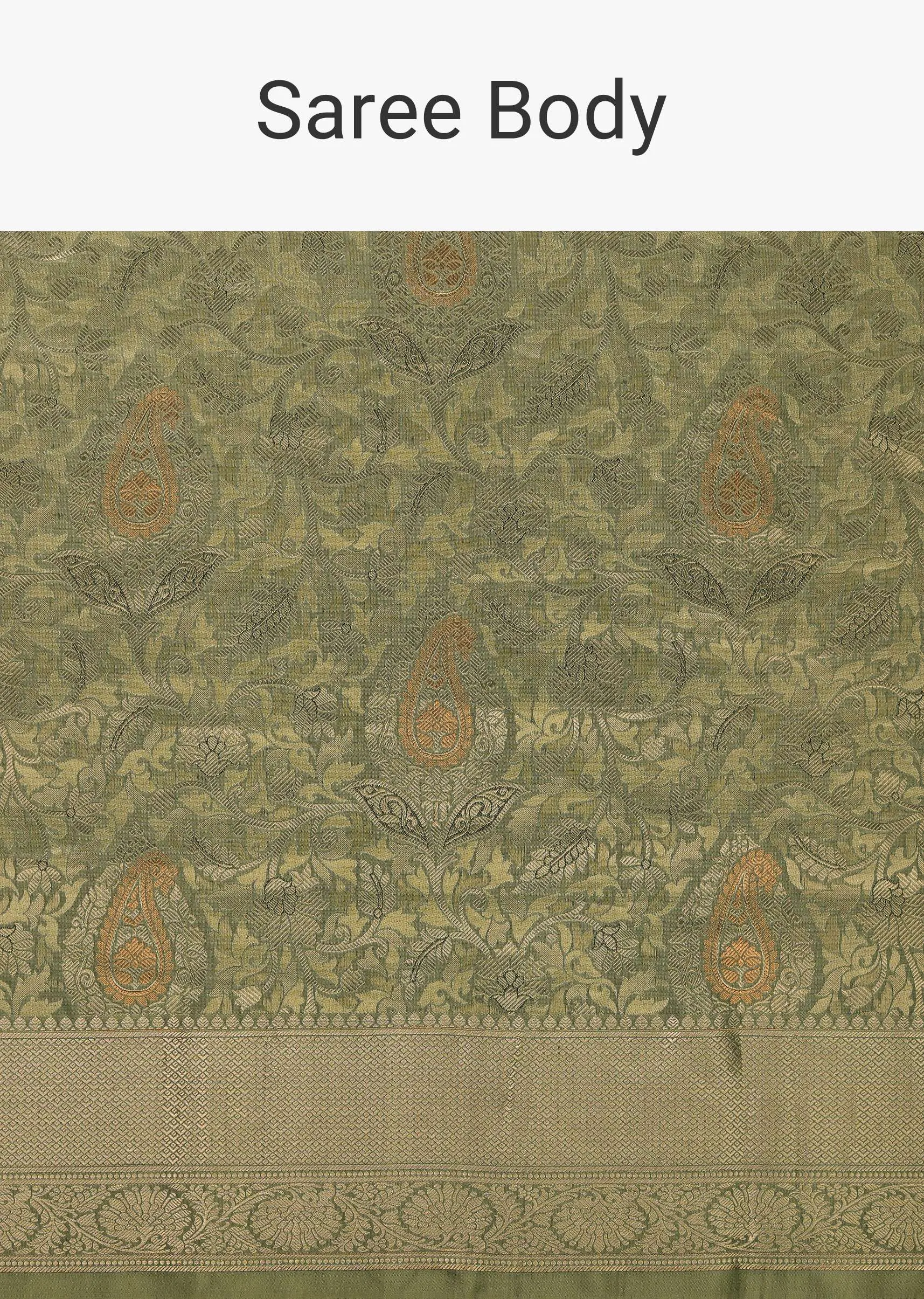 Moss Green Kanjivaram Saree In Pure Uppada Silk With Weave And An Unstitched Blouse
