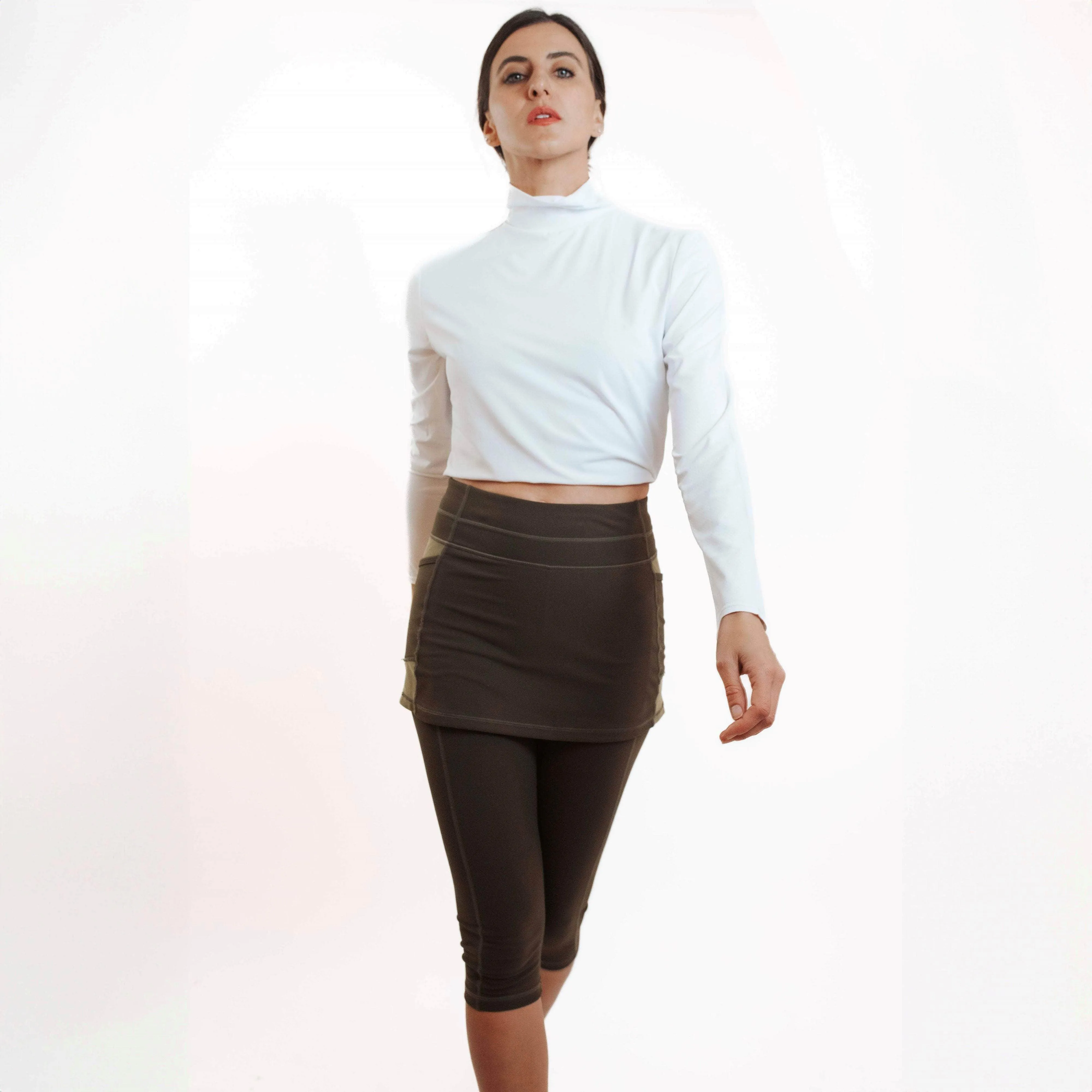 Olive Skirted Capris Leggings with Pockets