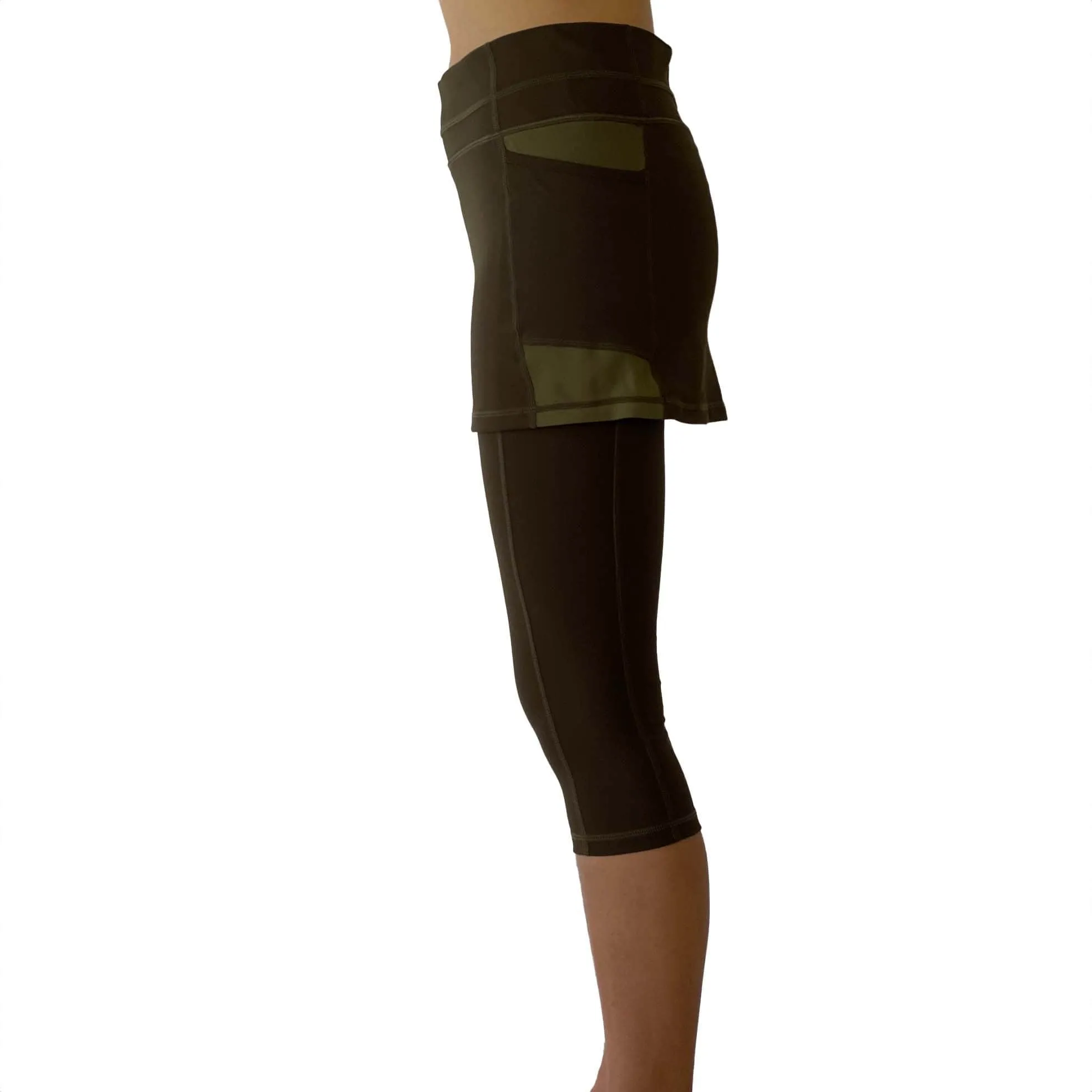 Olive Skirted Capris Leggings with Pockets