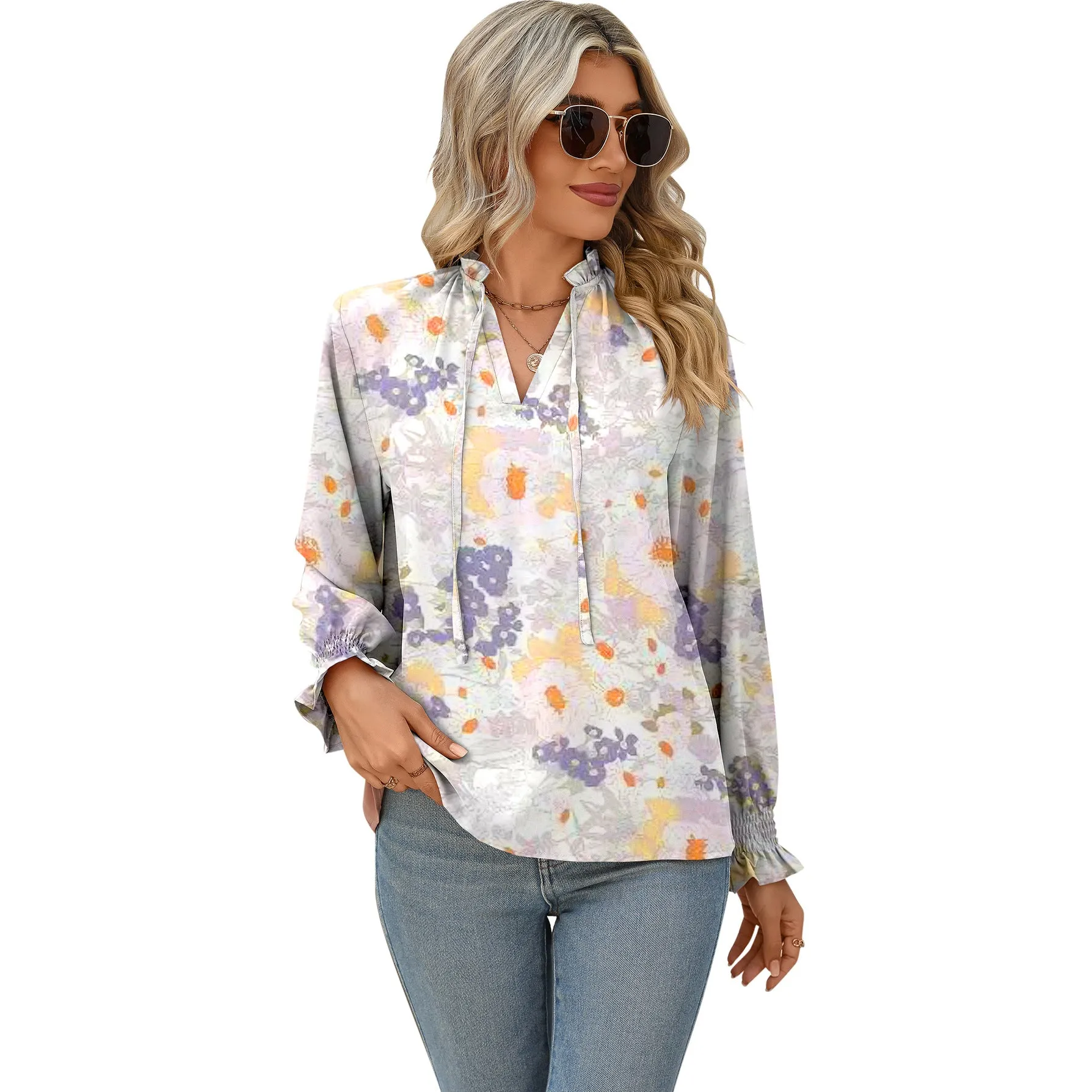 Ruffled Lightweight Opaque Print Lace Pullover Shirt Wholesale Women'S Top