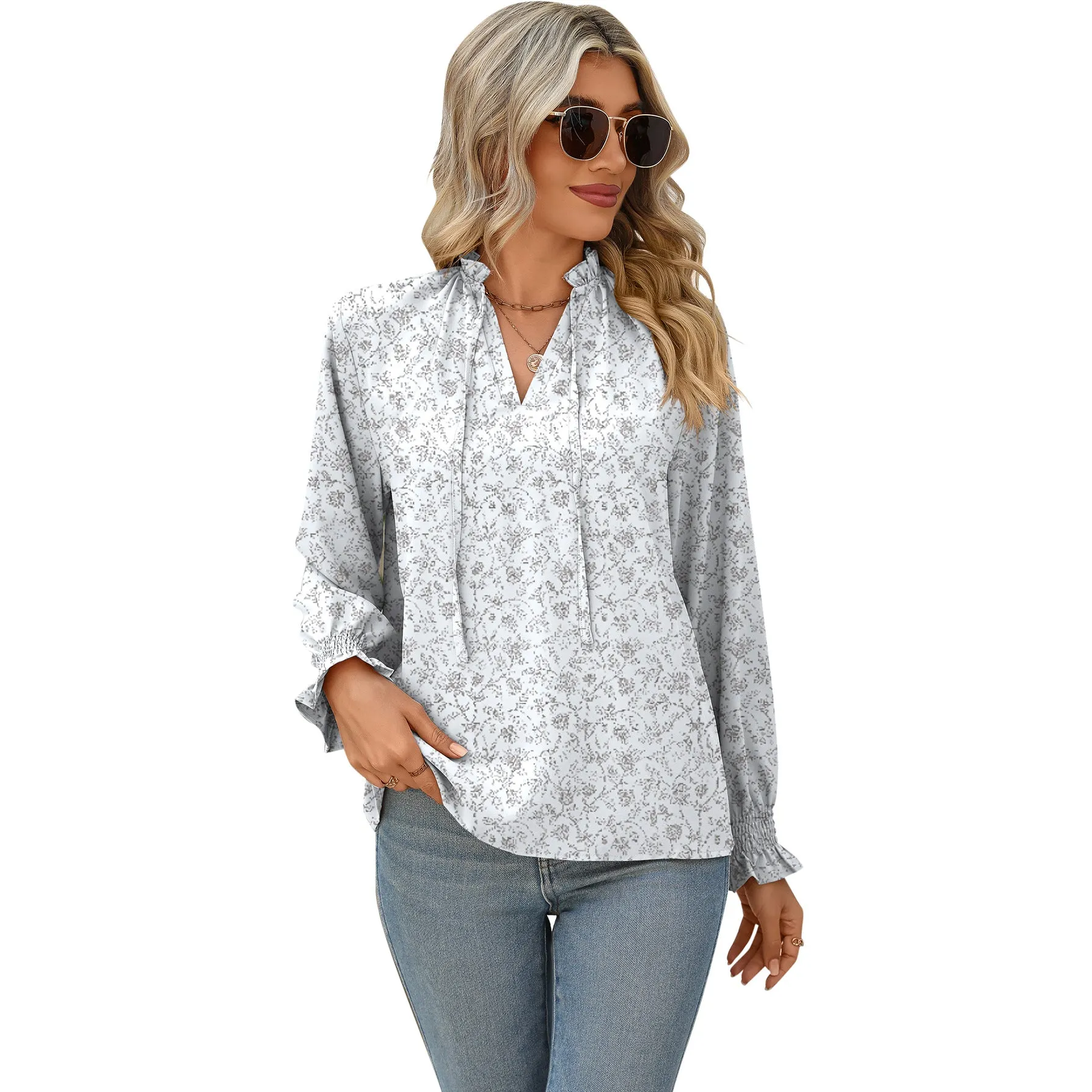Ruffled Lightweight Opaque Print Lace Pullover Shirt Wholesale Women'S Top