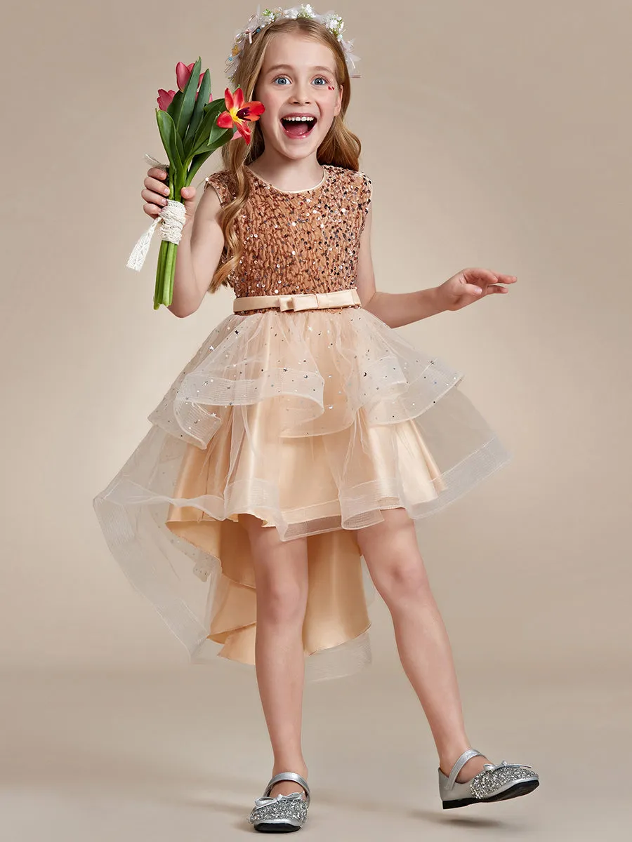Sequin Sleeveless High-Low Flower Girl Dresses