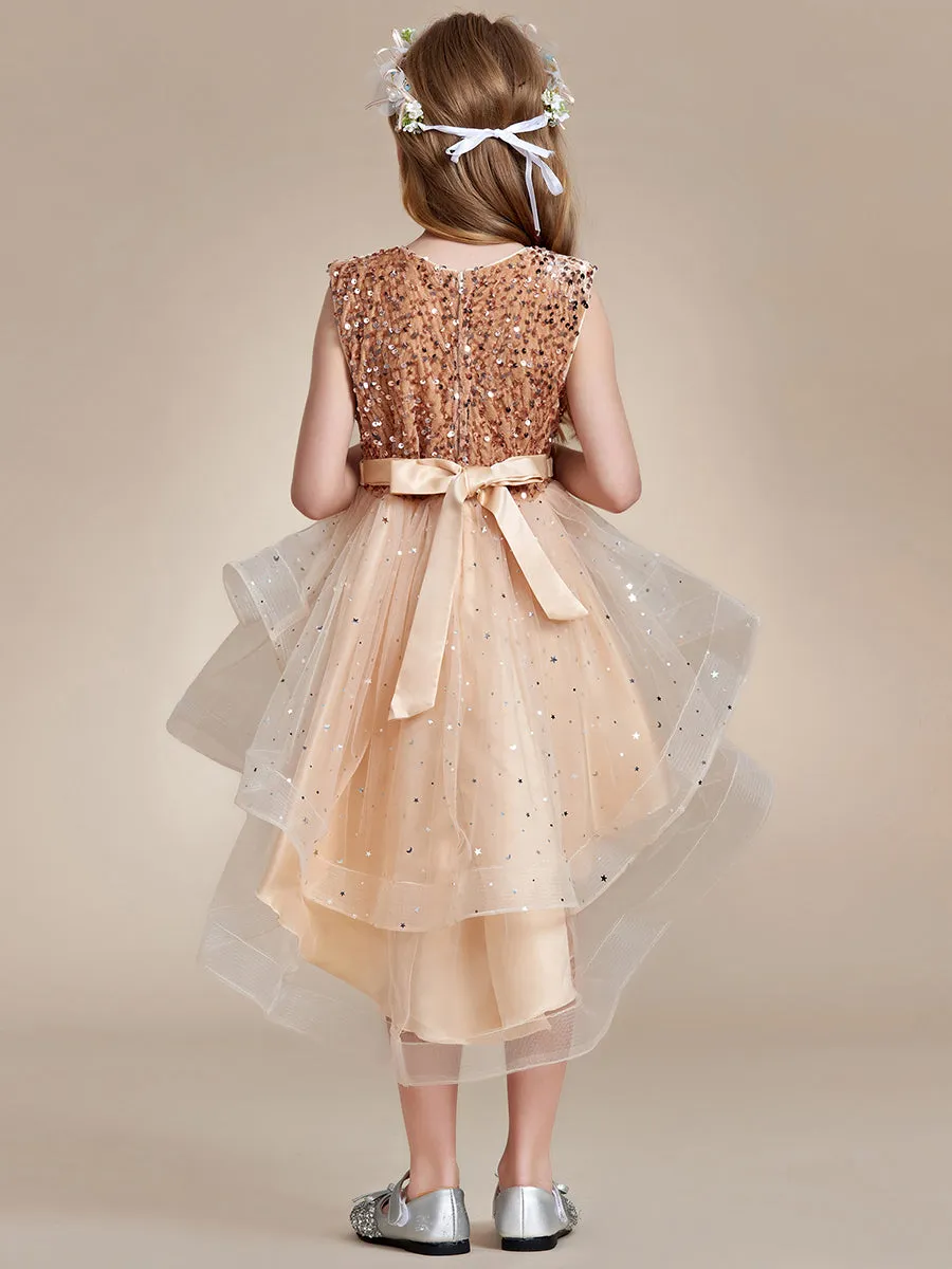 Sequin Sleeveless High-Low Flower Girl Dresses