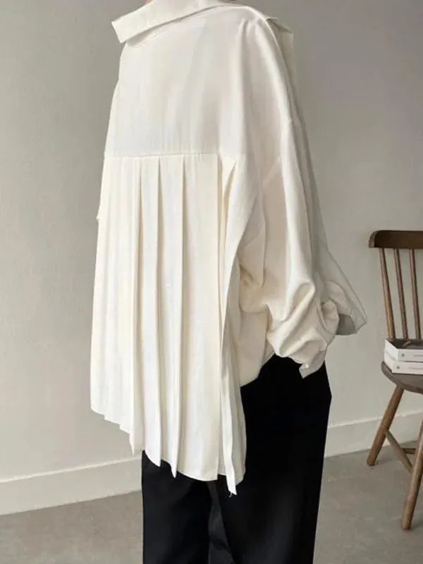 Simple Long Sleeves Loose Buttoned Pleated Solid Color Lapel Collar Blouses&Shirts Tops 112646